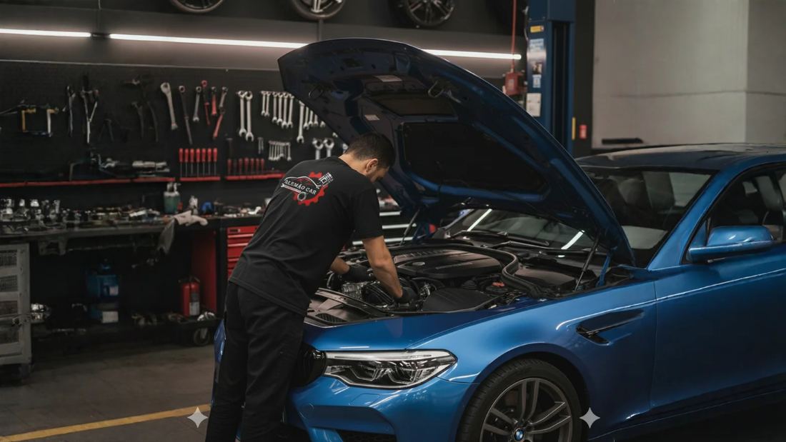 Mecânico realizando manutenção em veículo na oficina